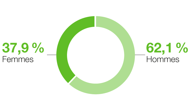 37,9 %  de Femmes et 62,1 % d'Hommes